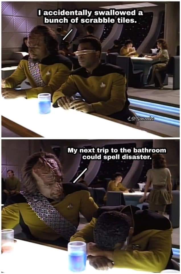 This meme is a play on words, featuring a character from the TV show "Star Trek: The Next Generation" (Worf) who is trying to say "I accidentally swallowed a bug" but ends up saying "I accidentally swallowed a...". The text "I accidentally swallowed a bug" is then followed by "I accidentally swallowed a...".